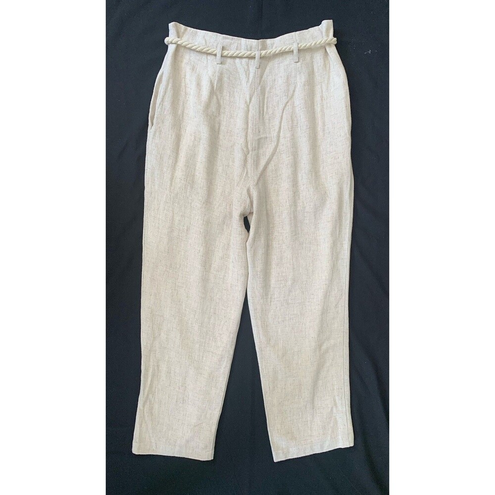 Linen Blend Pleated Pants Rope Belt Large Beige Natural Coastal Cottage Beach - Picture 7 of 16